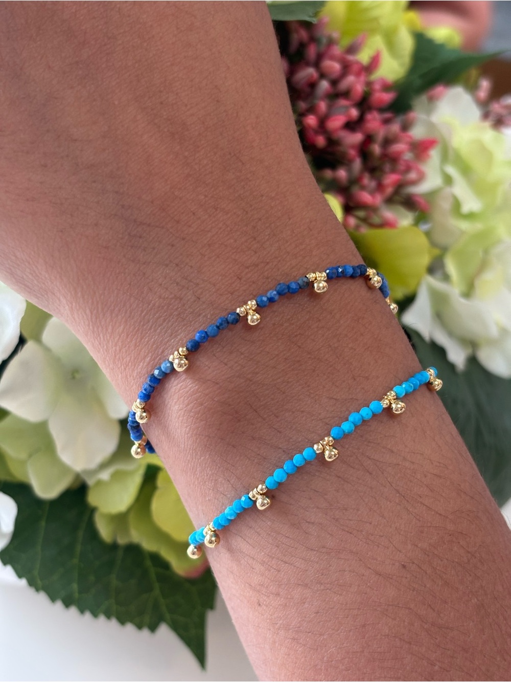Gold Accent Blue Beaded Bracelet - Turquoise & Navy Set